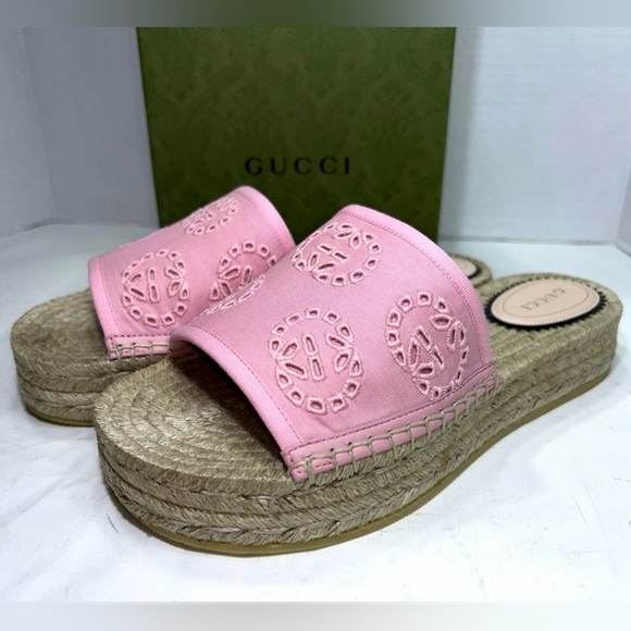 GUCCI DAMITA DOUBLE GG EMBROIDERED LOGO PINK CANVAS ESPADRILLE SANDALS SZ 40.5 - Picture 9 of 16